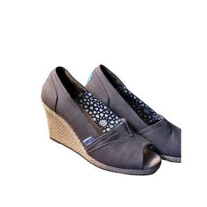 Toms Women's Peep Toe Wedge Heels Gray Canvas Espadrilles Size 7.5
